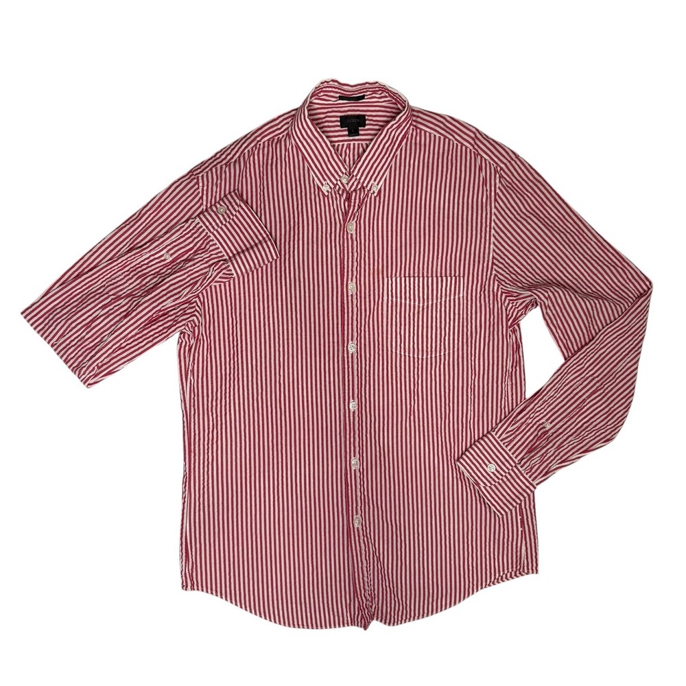 J.Crew Mens Slim Fit Seersucker Button Down Shirt Red White Stripe L B9500